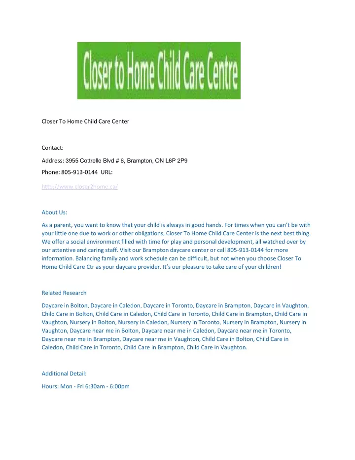 closer to home child care center contact address