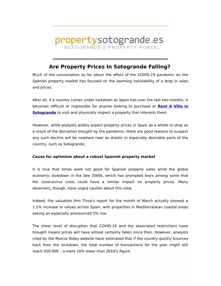 are property prices in sotogrande falling