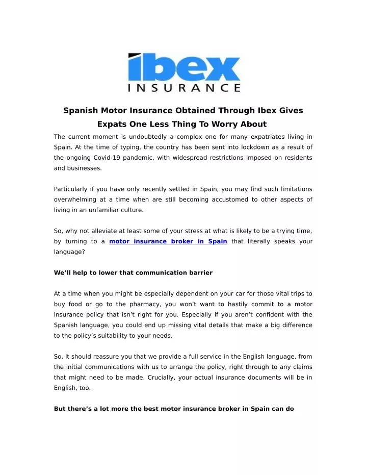 spanish motor insurance obtained through ibex