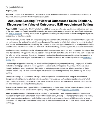 Acquirent, Leading Provider of Outsourced Sales Solutions, Discusses the Value of Outsourced B2B Appointment Setting