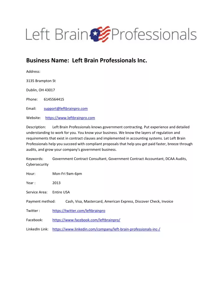 business name left brain professionals inc