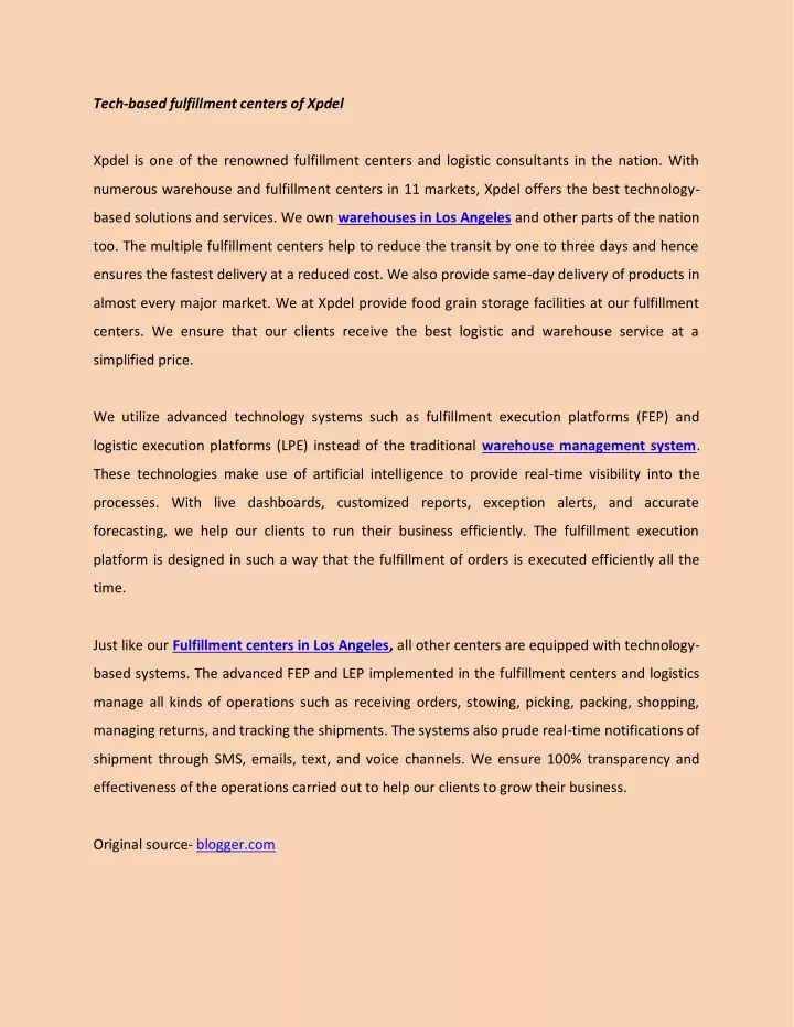 tech based fulfillment centers of xpdel