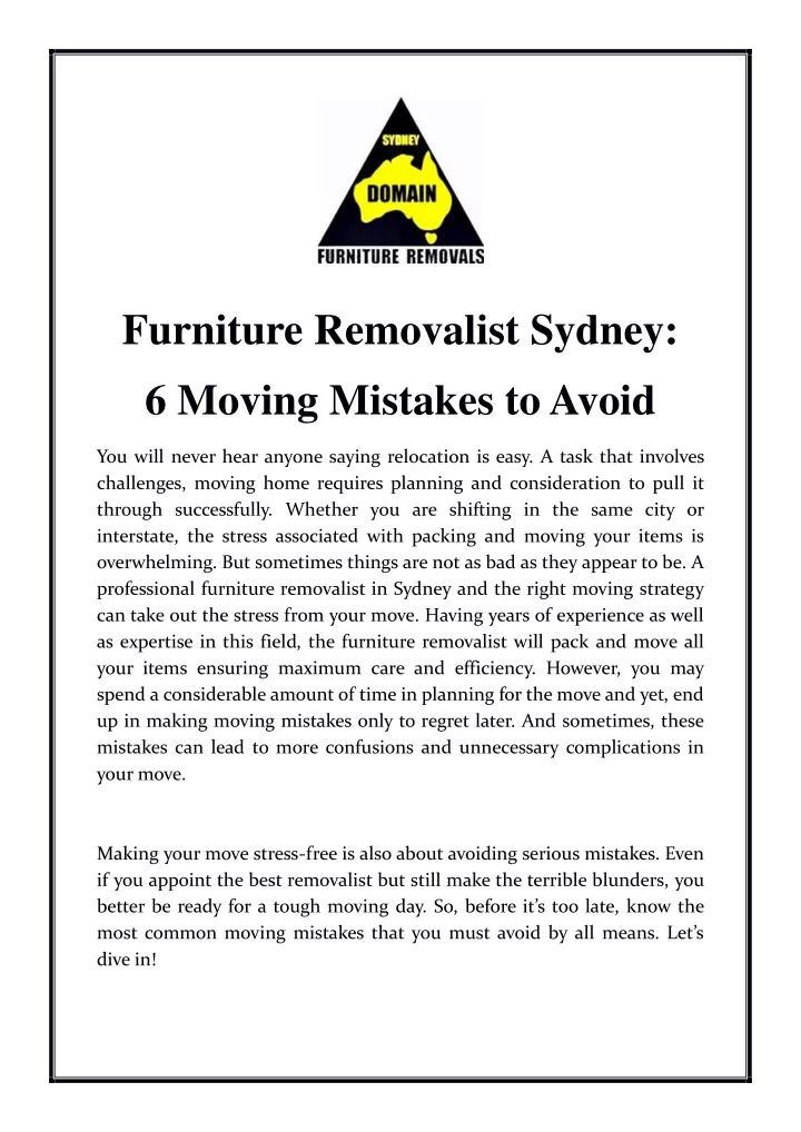 furniture removalist sydney 6 moving mistakes