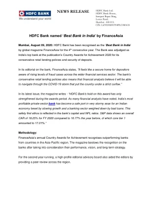 FinanceAsia Announced HDFC Bank as Best Bank in India