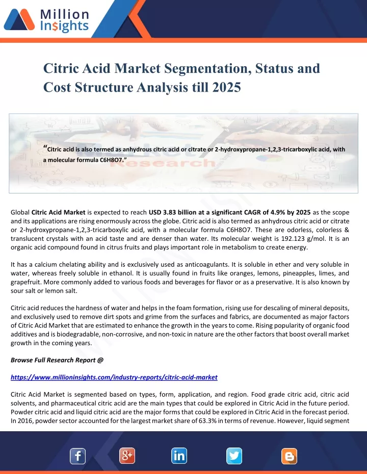 citric acid market segmentation status and cost