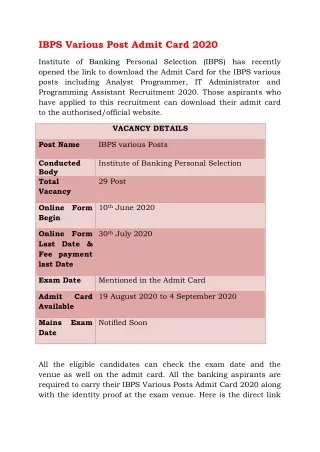 ibps various post admit card 2020