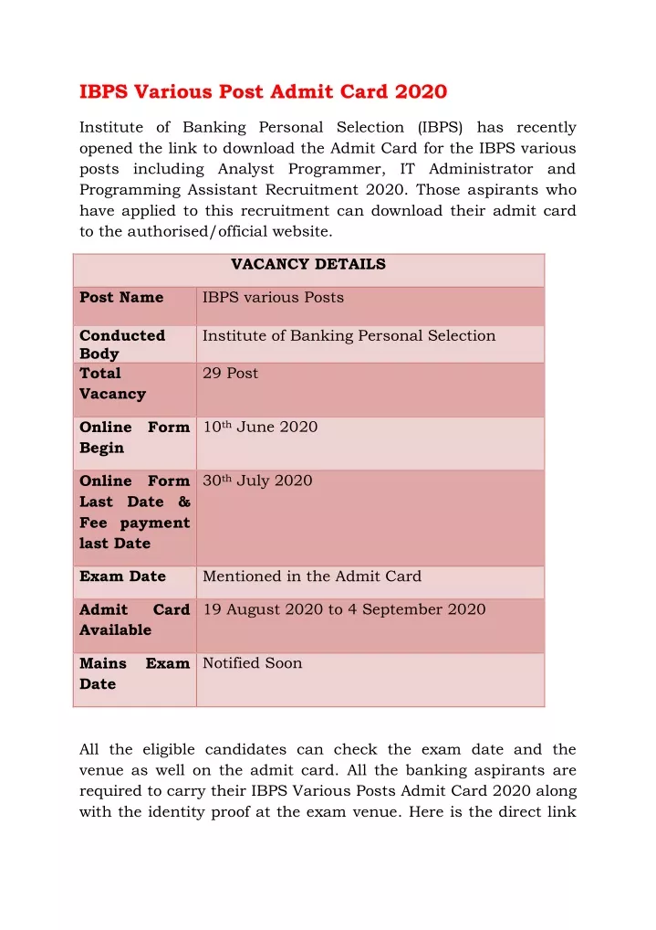 ibps various post admit card 2020