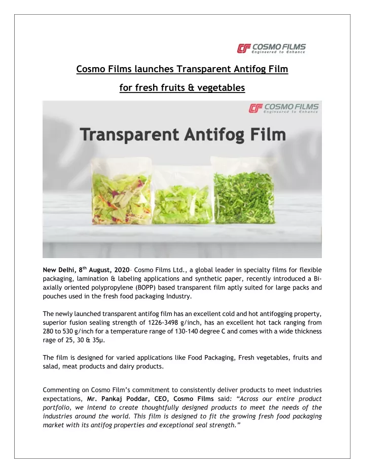 cosmo films launches transparent antifog film