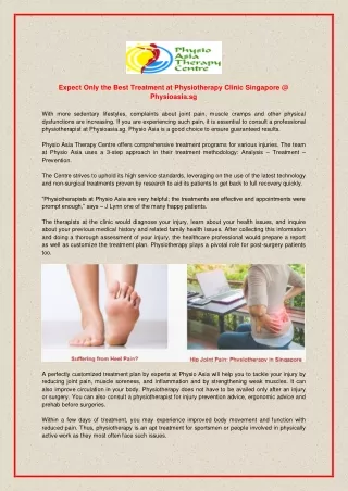 Expect Only the Best Treatment at Physiotherapy Clinic Singapore @ Physioasia.sg
