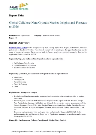 Cellulose NanoCrystals Market Insights and Forecast to 2026