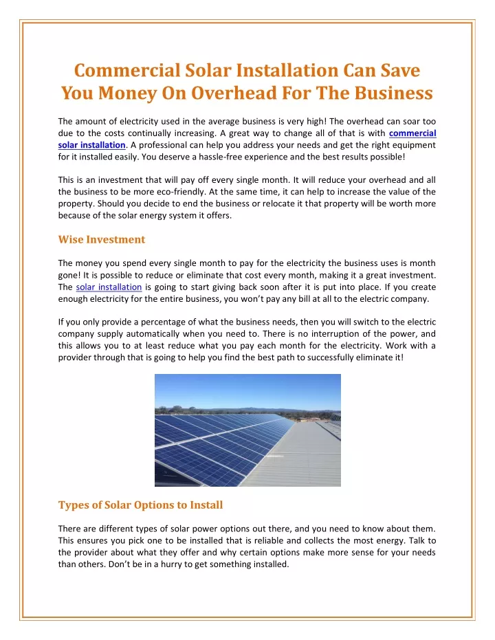 commercial solar installation can save you money