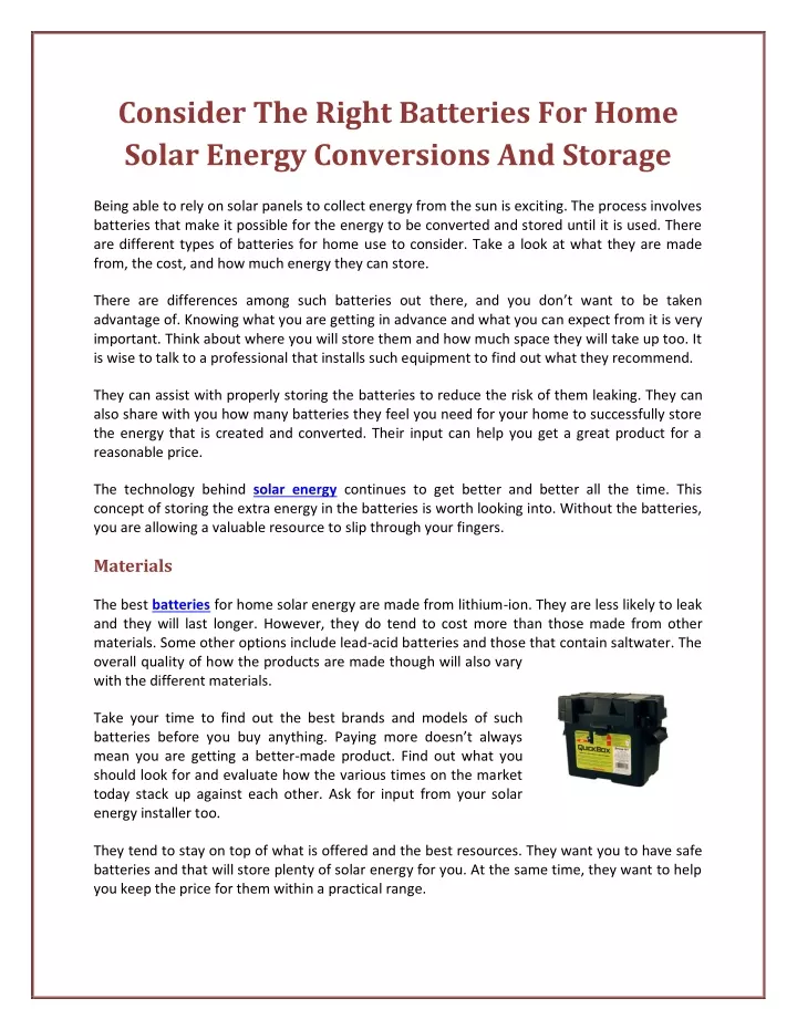 consider the right batteries for home solar