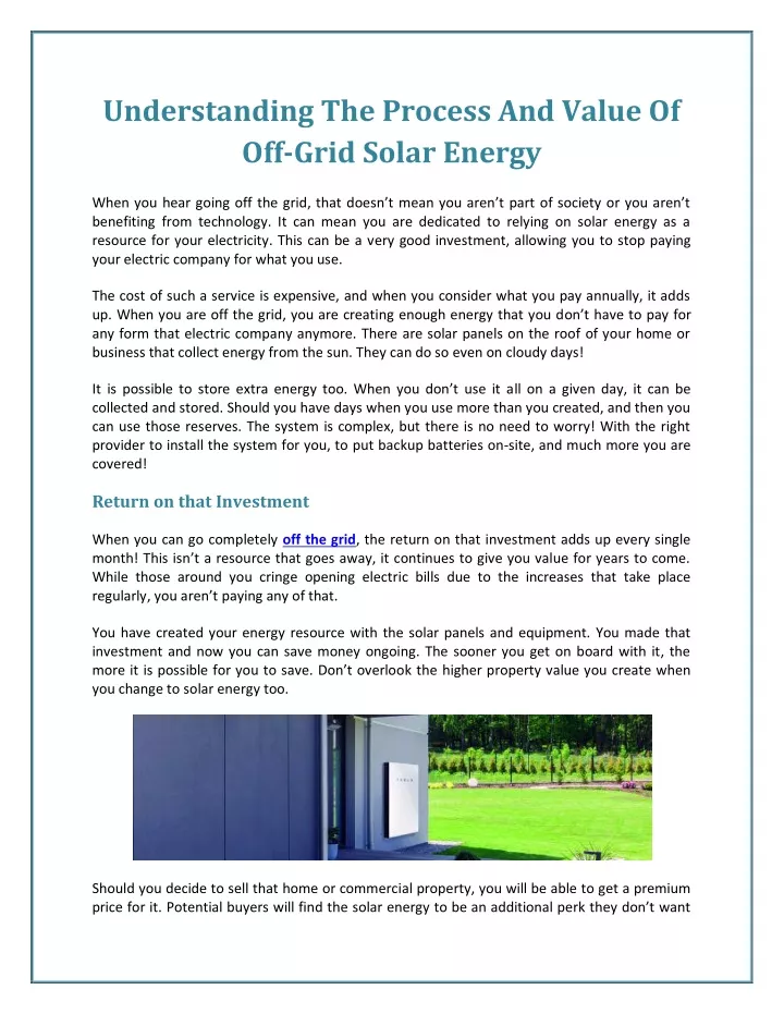 understanding the process and value of off grid