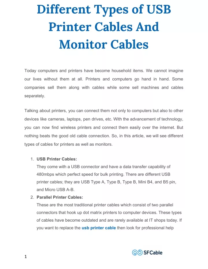 different types of usb printer cables and monitor