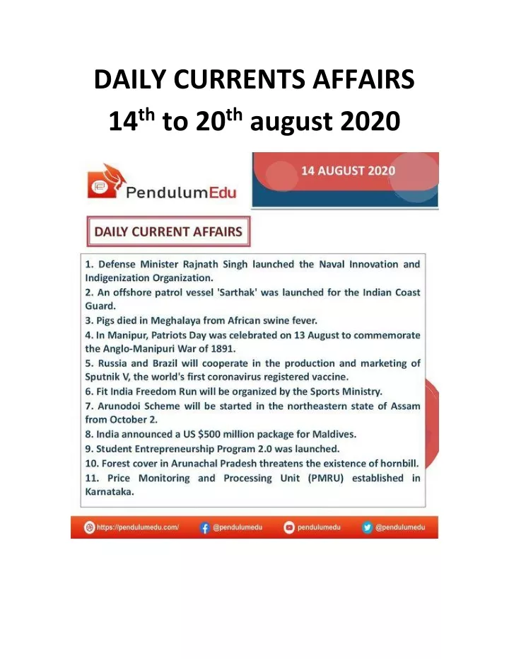 daily currents affairs 14 th to 20 th august 2020
