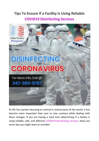 Tips To Ensure If a Facility Is Using Reliable COVID19 Disinfecting Services