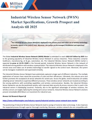 Industrial Wireless Sensor Network (IWSN) Market Specifications, Growth Prospect and Analysis till 2025