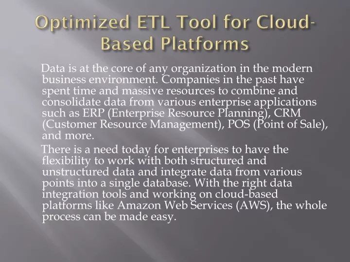 optimized etl tool for cloud based platforms