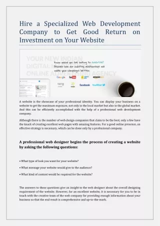 Hire a Specialized Web Design Company to Get Good Return on Investment on Your Website