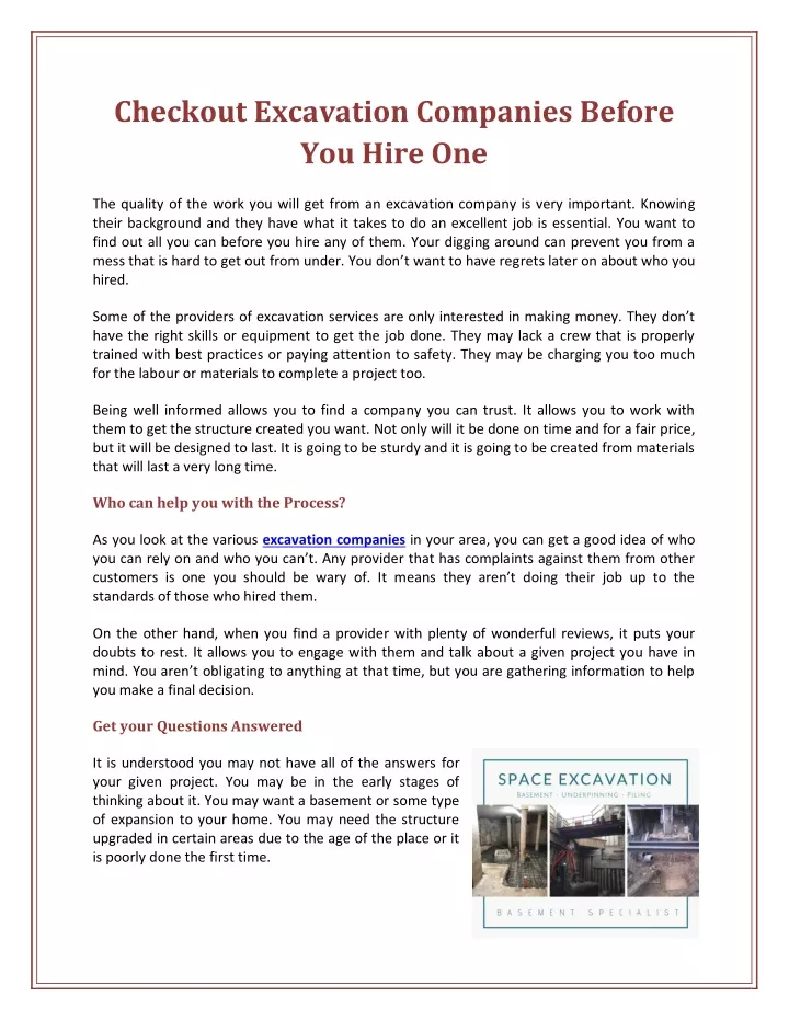 checkout excavation companies before you hire one