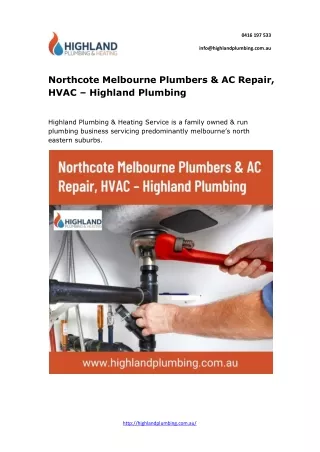 Northcote Melbourne Plumbers & AC Repair, HVAC – Highland Plumbing