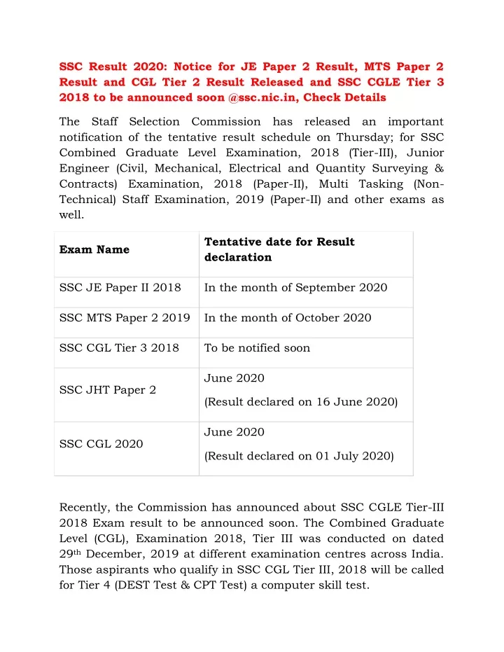 ssc result 2020 notice for je paper 2 result
