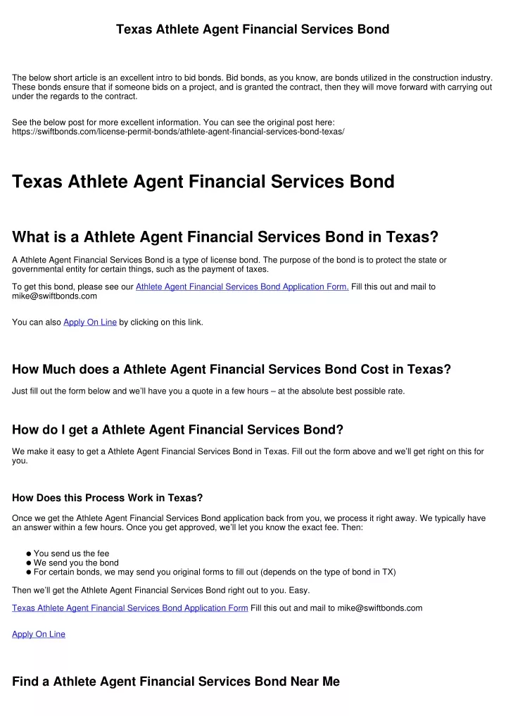 texas athlete agent financial services bond
