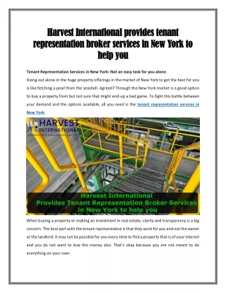 Harvest International provides tenant representation broker services in New York to help you