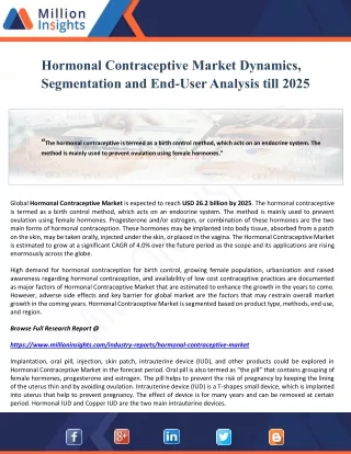 Hormonal Contraceptive Market Dynamics, Segmentation and End-User Analysis till 2025