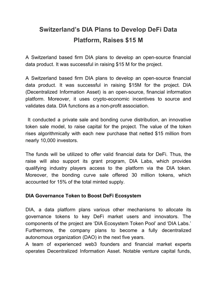 switzerland s dia plans to develop defi data