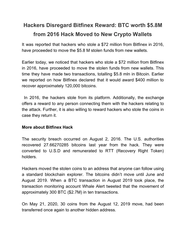 hackers disregard bitfinex reward btc worth 5 8m