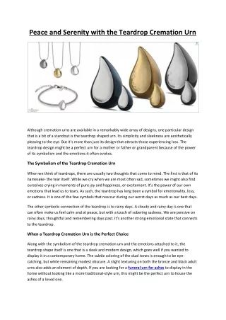 peace and serenity with the teardrop cremation urn