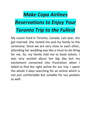 Make Copa Airlines Reservations to Enjoy Your Toronto Trip to the Fullest