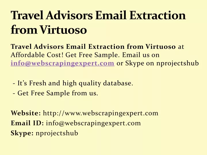 travel advisors email extraction from virtuoso