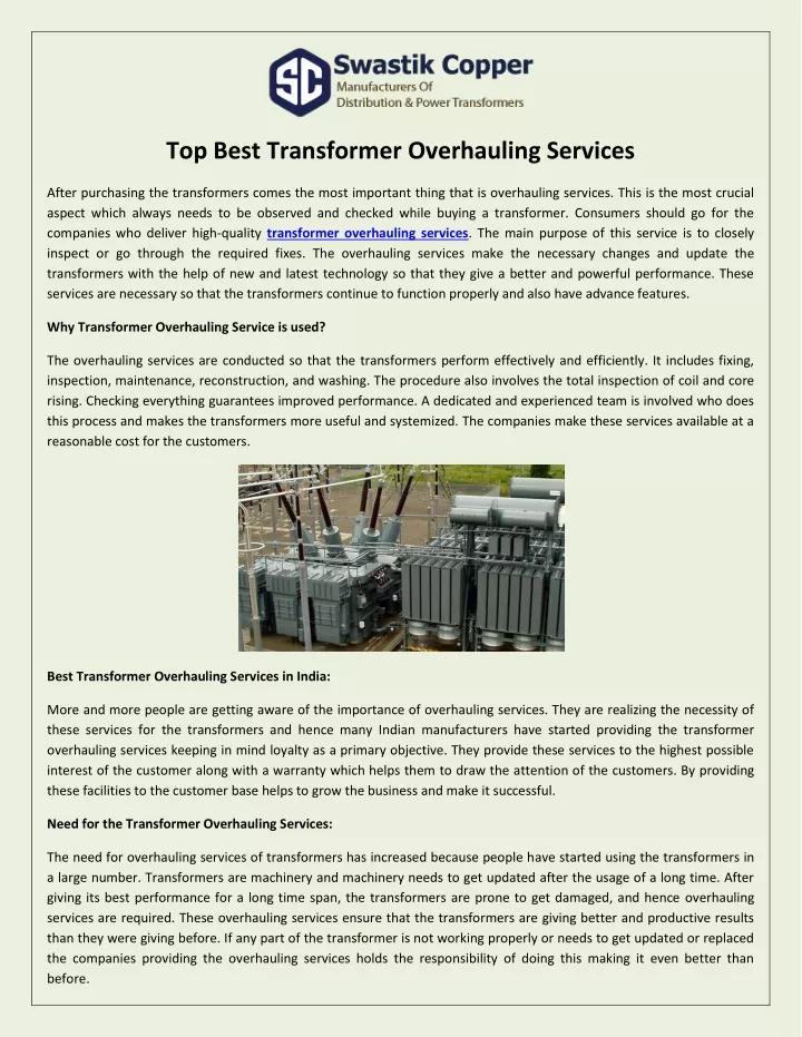 top best transformer overhauling services