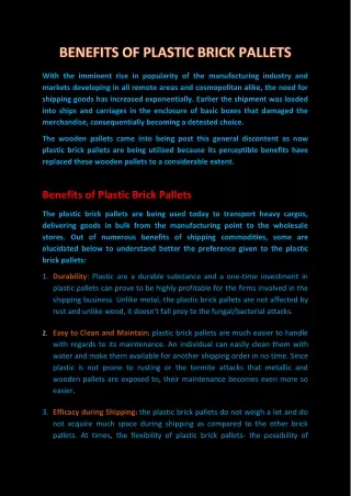 BENEFITS OF PLASTIC BRICK PALLETS