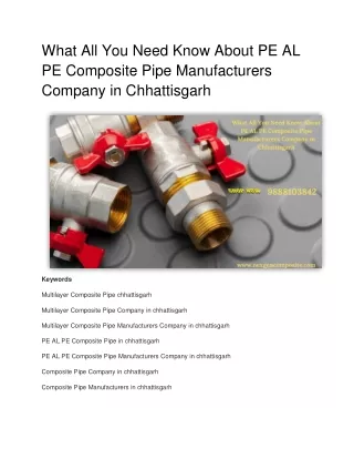What All You Need Know About PE AL PE Composite Pipe Manufacturers Company in Chhattisgarh