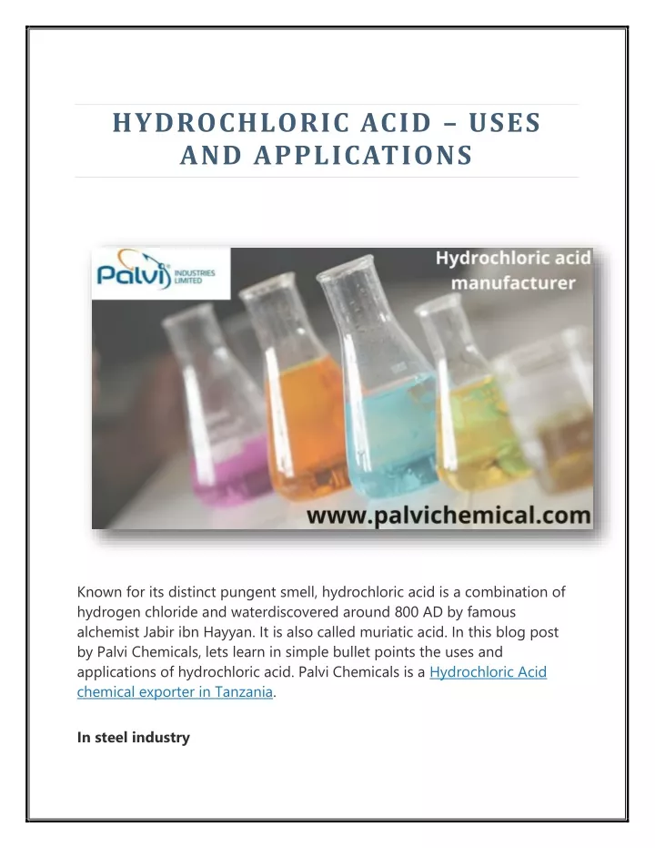 hydrochloric acid uses and applications