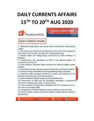 daily currents affairs 15 th to 20 th aug 2020
