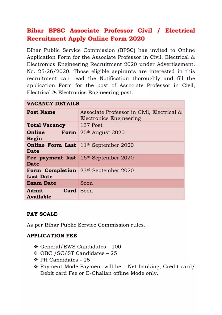 bihar bpsc associate professor civil electrical