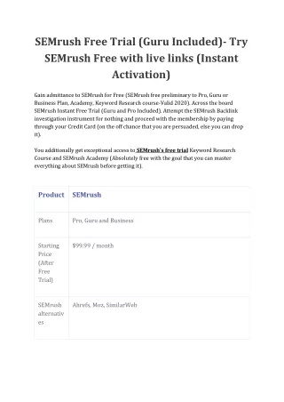 SEMrush Free Trial -Try SEMrush Guru [Instant] August 2020