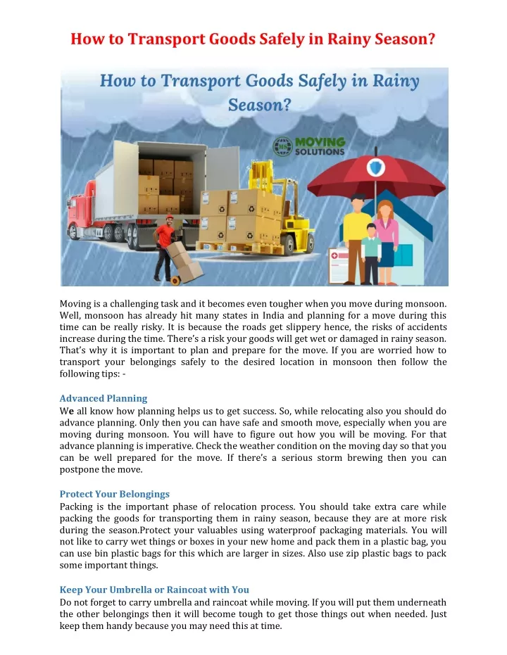 how to transport goods safely in rainy season