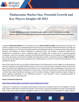 Thalassemia Market Size, Potential Growth and Key Players Insights till 2022