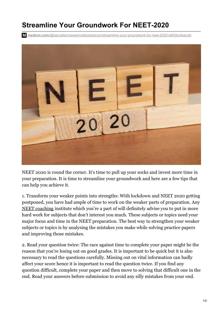 streamline your groundwork for neet 2020
