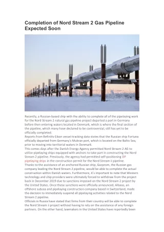 completion of nord stream 2 gas pipeline expected