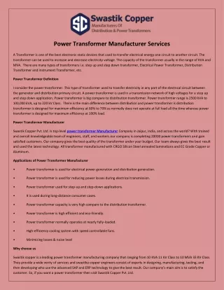Power Transformer Manufacturer Services