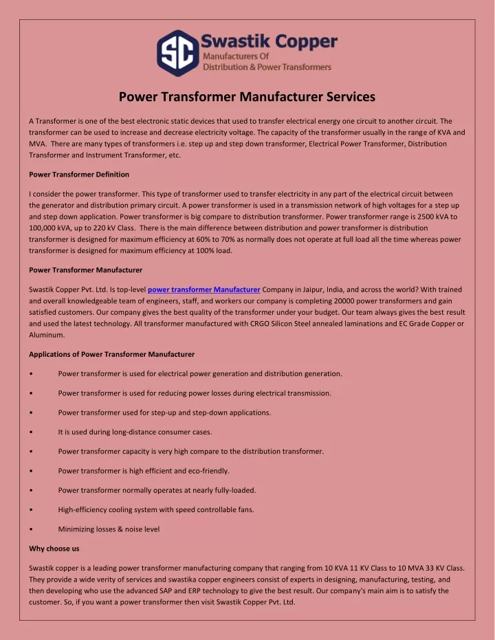 power transformer manufacturer services