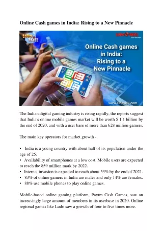 Online Cash games in India: Rising to a Pinnacle