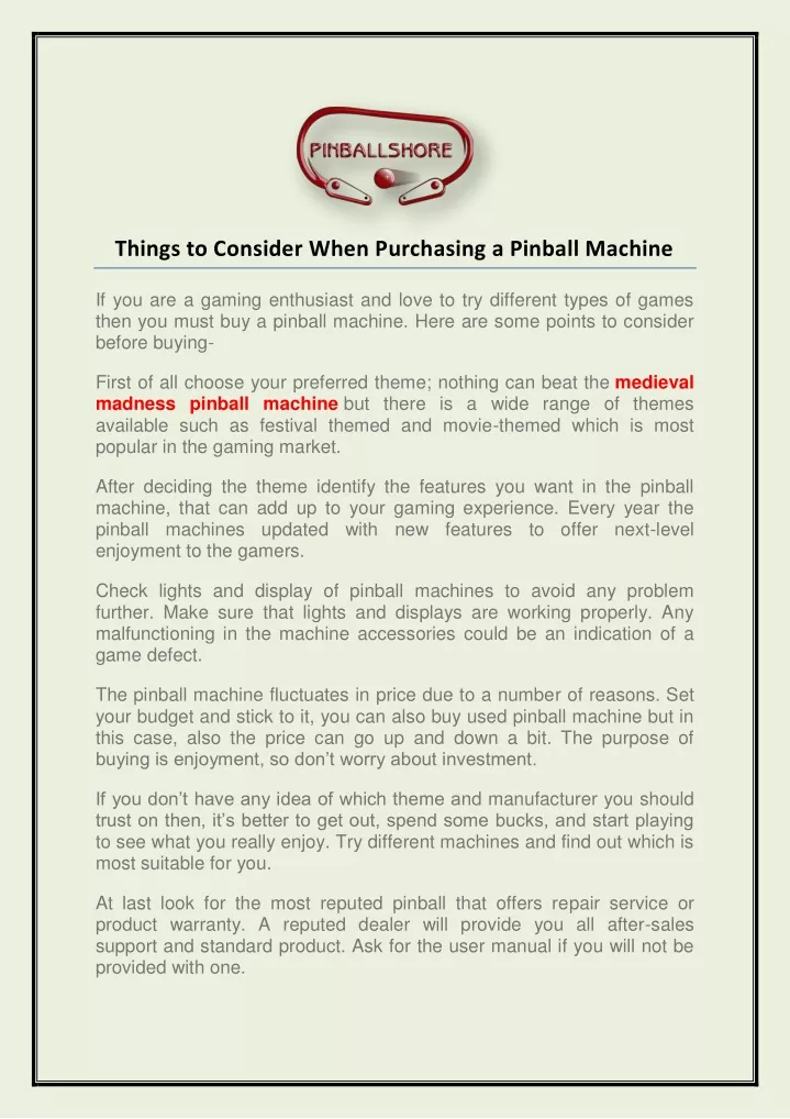 things to consider when purchasing a pinball