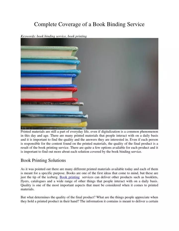 complete coverage of a book binding service